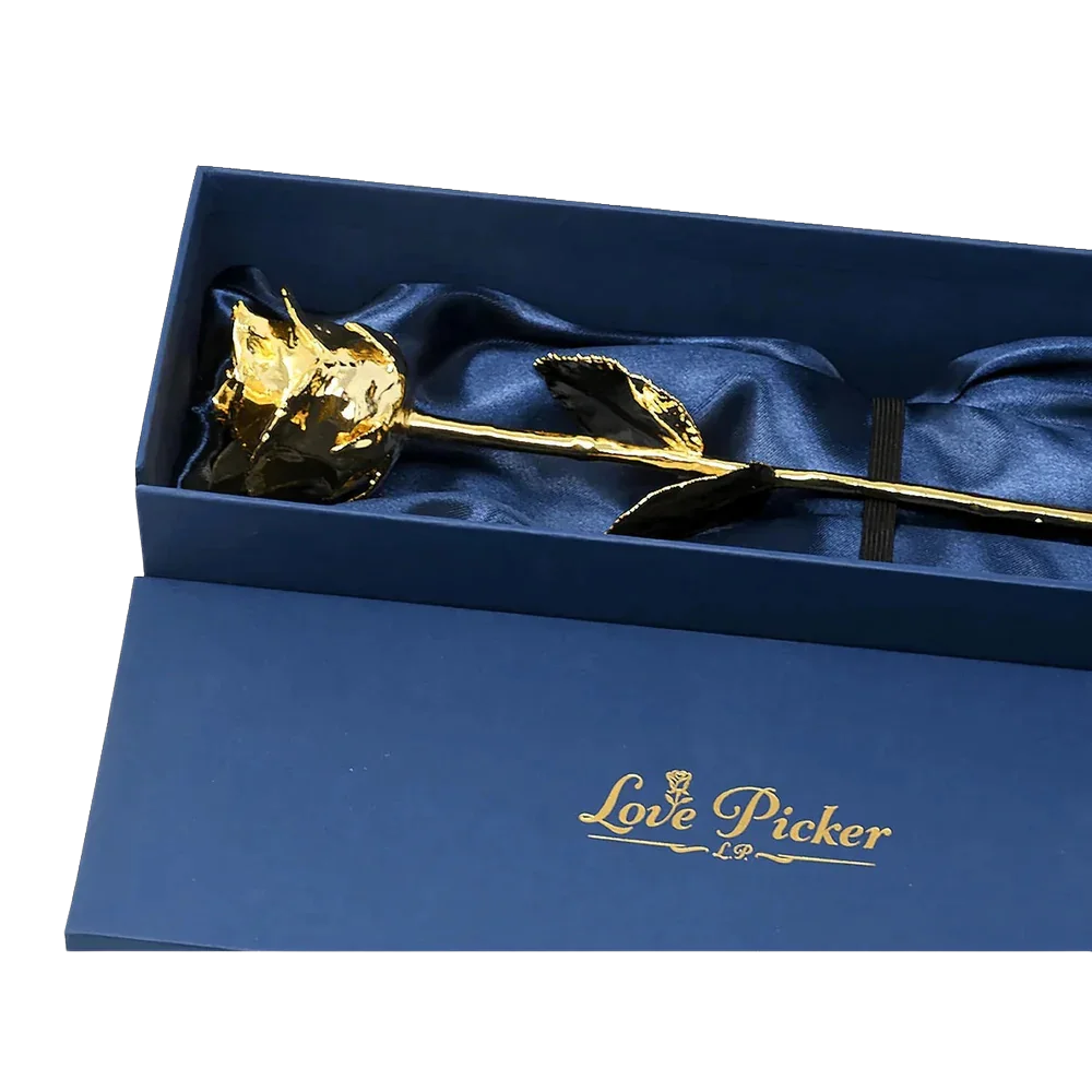CUSTOM ENGRAVED BOX - 24K GOLD DIPPED NATURAL ROSE 7"- MIDNIGHT BLUE GENUINE LEATHER