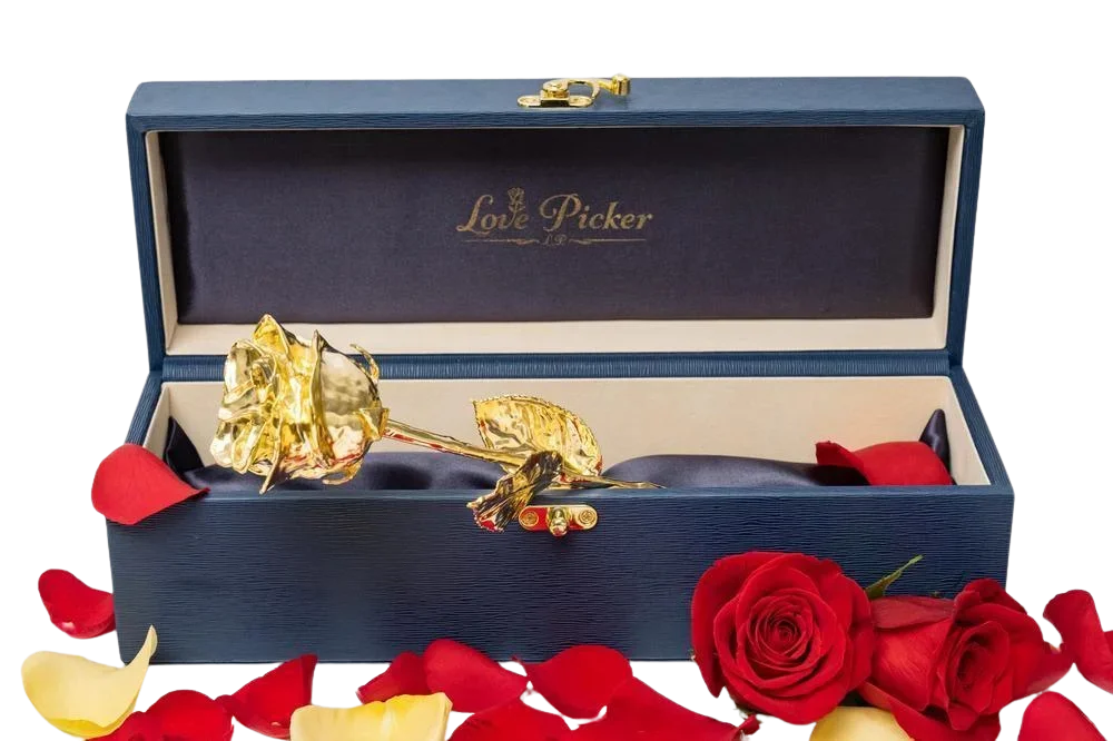 CUSTOM ENGRAVED BOX 24K GOLD DIPPED NATURAL ROSE 11.5" - MIDNIGHT BLUE